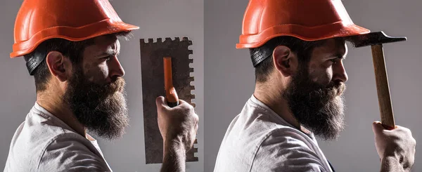 Een man met baard, helm, helm, hoed. Bouwer in helm, hamer, klusjesman, bouwers met een helm. Gereedschap, troffel, man bouwer — Stockfoto