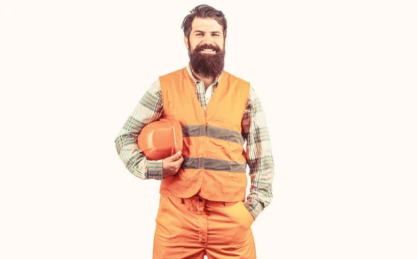 Worker in construction uniform. Man builders, industry. Builder in hard hat, foreman or repairman in the helmet. Bearded man worker in building helmet or hard hat — Stockfoto