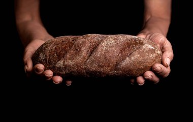 Ekmek tutan adam. Fırıncı şef ev yapımı ekmek tutuyor. Fırın konsepti, erkek eli. Taze pişmiş ekmek tutan kadın, yakın plan..