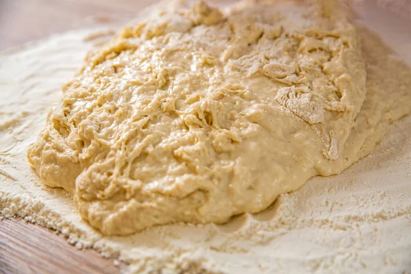 Hamur işlerinin arka planı. Pizza ya da ekmek pişirmek için taze çiğ hamur. Yakın çekim mayalanmış hamur, ev yapımı. Makro seçici odak ham hamur dokusu arkaplanı.