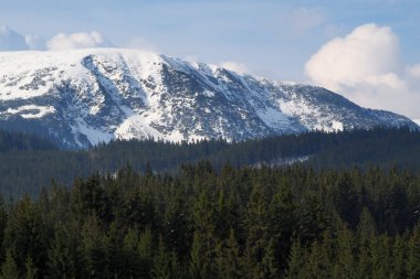 güzel ormanlık kırsal kış ortasında ve Çek dağlar karlı tepeler.