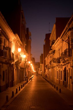 Geceleri ışıklarla dolu boş dar bir caddenin görüntüsü.