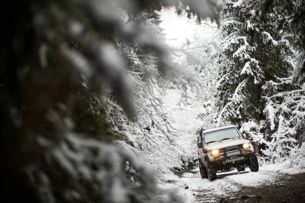 Imagen Color Coche Todoterreno Conduciendo Una Pista Bosque Cubierto Nieve Imagen de stock