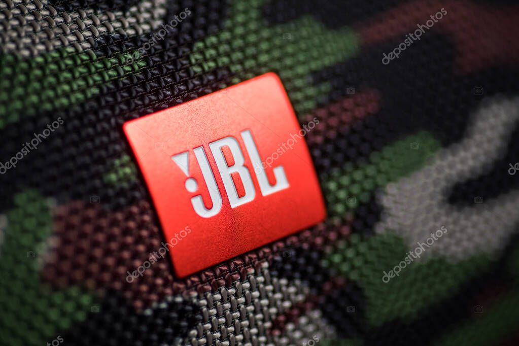 Bucarest, Romania - March 15, 2021: Illustrative editorial image of the JBL logo on a portable speaker.