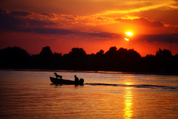 Man and dog in aboat — Stock Photo, Image