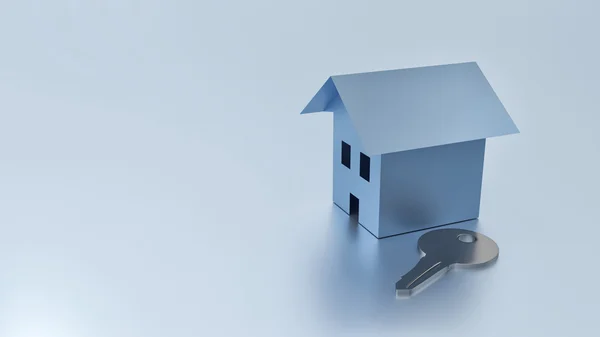 Symbol des Hauses mit silbernem Schlüssel auf blauem Hintergrund — Stockfoto