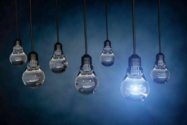 One light bulb standing out from other bulbs,3d rendering