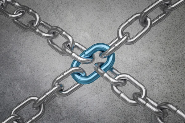 Chains with hooks and a chrome link - teamwork concept 3D rendering — Stock Photo, Image