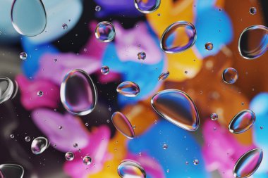 Renkli ve bulanık arkaplanlı cam üzerindeki damlaların 3 boyutlu görüntüsü.