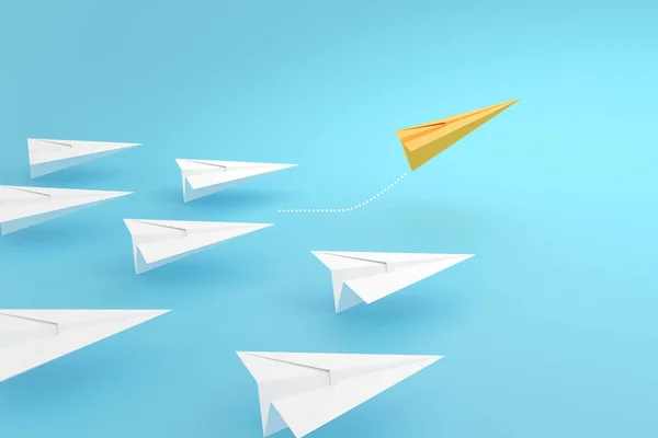 Paper planes on aline and one is leading, isolated on blue background, concept teamwork, leadership and management.3d render — Stock Photo, Image