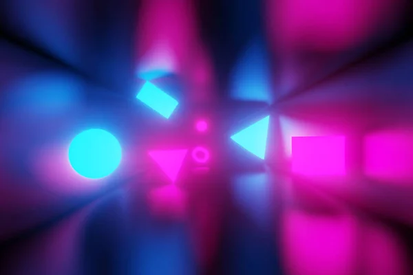 Abstarct, forme geometriche al neon colorate e luminose su sfondo scuro.Illustrazione 3d — Foto Stock
