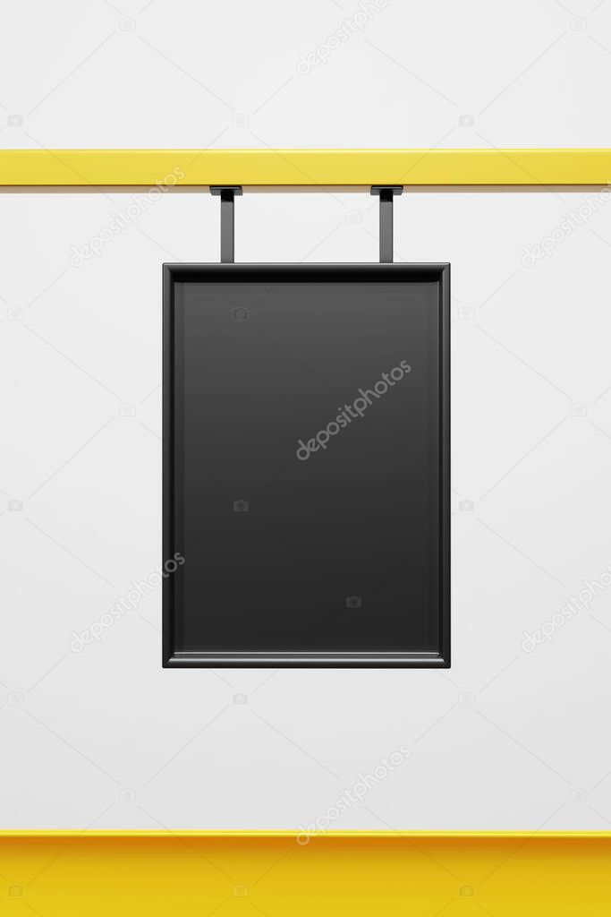 3D rendering of black information bord or display hanging isolated on white background. 