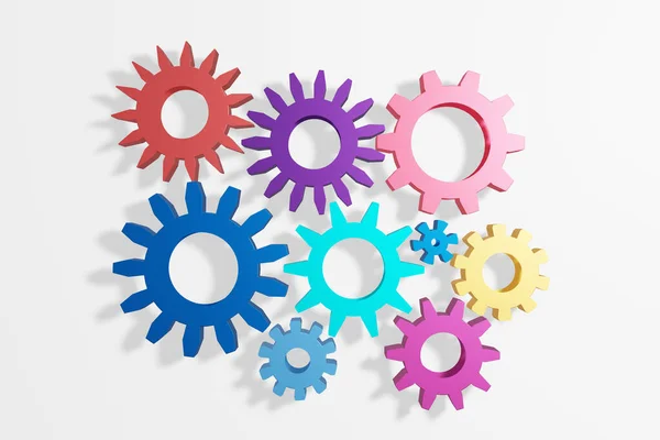 Colorful Cogwheels industrial parts and equipment. 3D illustration. — Stock Photo, Image