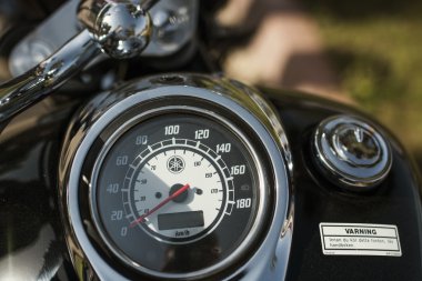 Orman bir asfalt yolda motosiklet binme sürücü