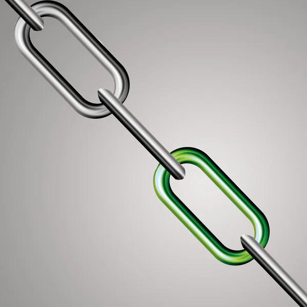 Cadeia cromada com um link verde no fundo branco — Fotografia de Stock