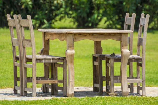 Table and chairs standing on a lawn at the garden — Stock Photo, Image