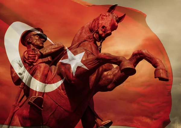 Heroic Ataturk Statue and Turkish Flag Stock Photo