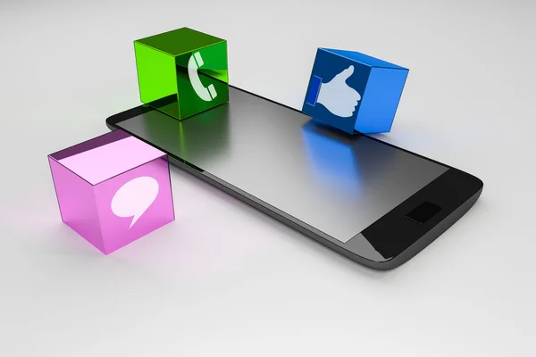Smartphone en social media service concept, moderne zwarte glanzende touchscreen smartphone met social media iconen geïsoleerd op witte achtergrond — Stockfoto