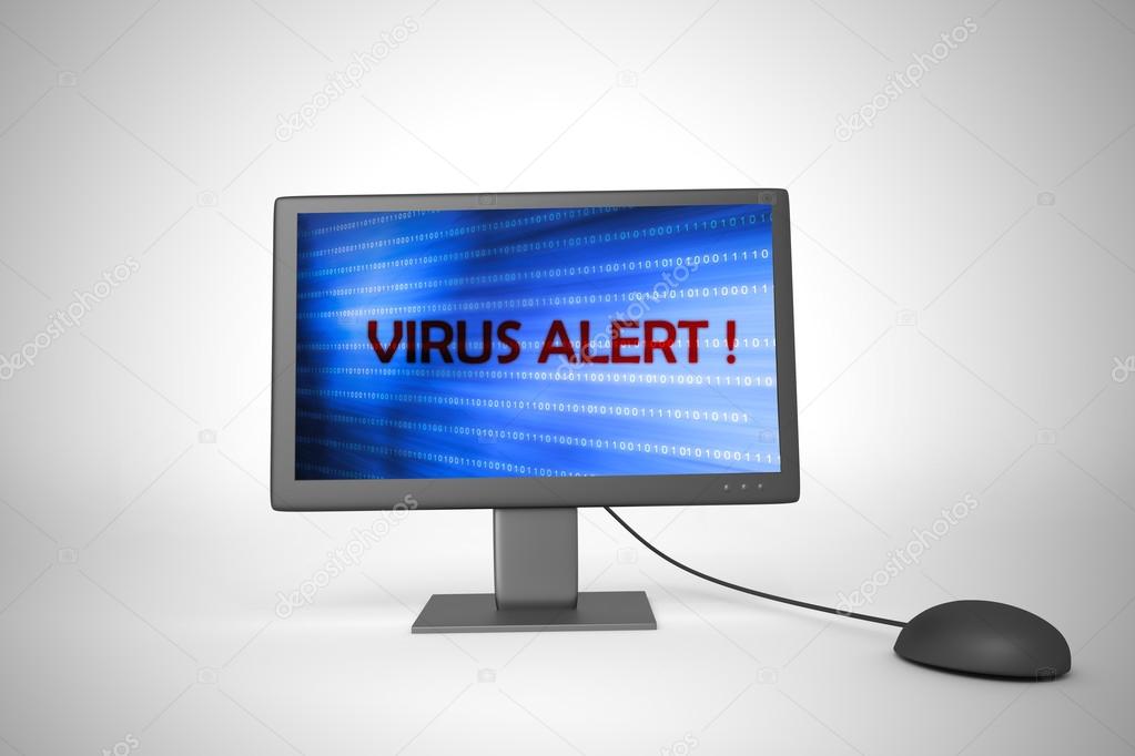Virus warning sign on pc screen. Computer generated 3D photo rendering.