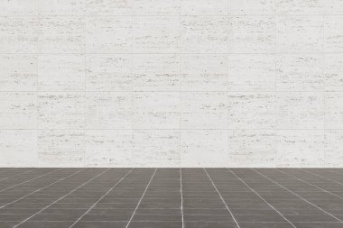 Minimal Empty Interior with White Wall and Dark Tiled Floor. High quality photo