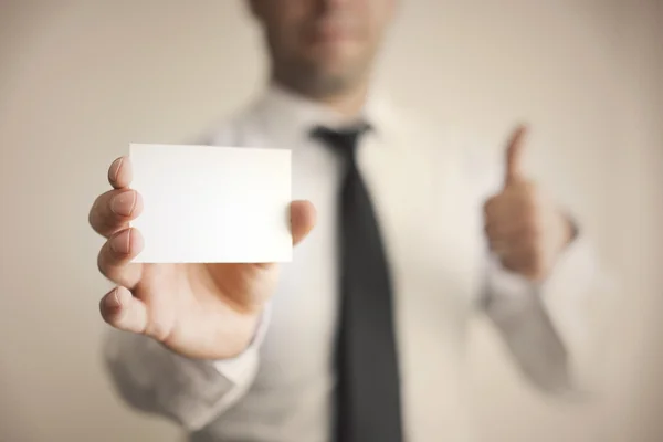 Blank Card holded by hand and thumbs up — Stock Photo, Image
