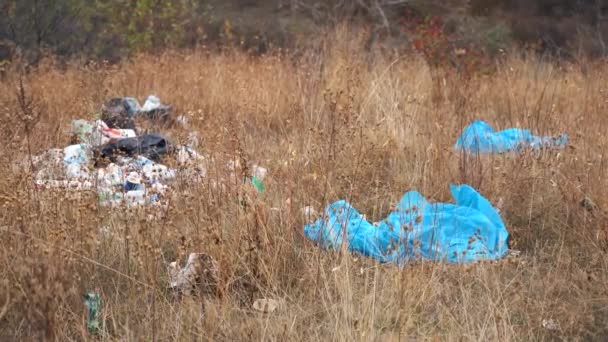 Куча мусора в траве — стоковое видео