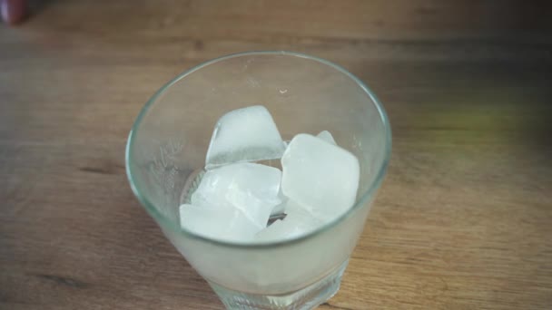 Мужчина наливает водку в стакан со льдом — стоковое видео