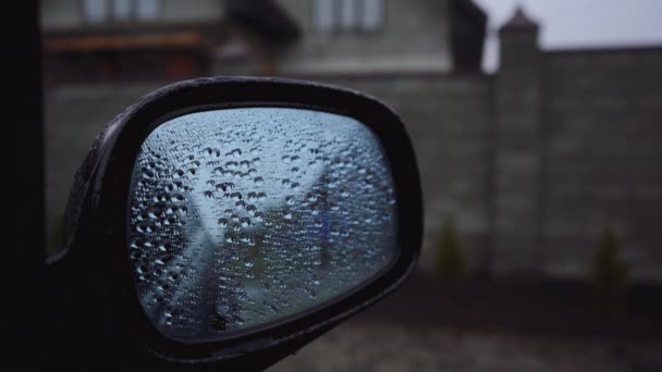 Вид з вікна мокрого автомобіля в мряці. бічне дзеркало — стокове відео