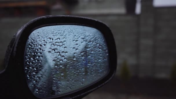 Zpětné zrcátko v kapkách deště na auto — Stock video