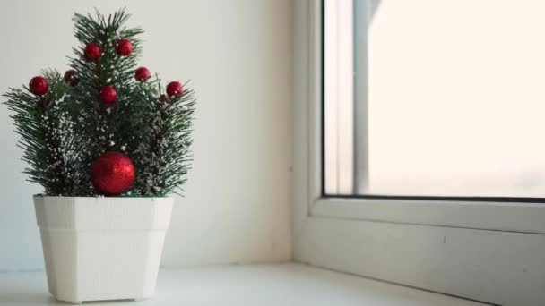 창문턱에 서 있는 작고 장식이 된 크리스마스 트리 — 비디오