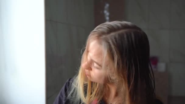 Chica en el baño se seca el pelo con un secador de pelo y un peine — Vídeo de stock