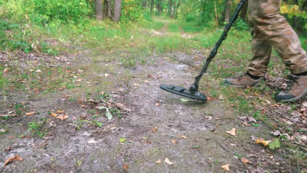 Mann läuft mit Metalldetektor durch den Wald und sucht nach Metall — Stockvideo