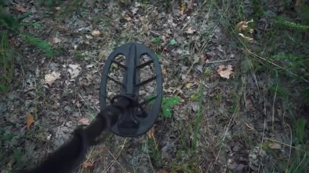 Un uomo cammina nel bosco con un metal detector — Video Stock