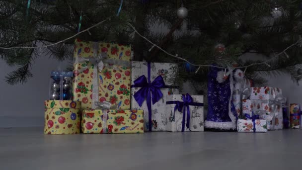 Er liggen geschenken onder de boom. — Stockvideo