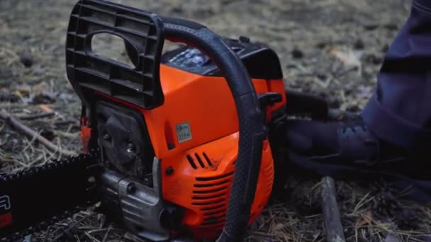 Um homem começa uma motosserra na floresta — Vídeo de Stock