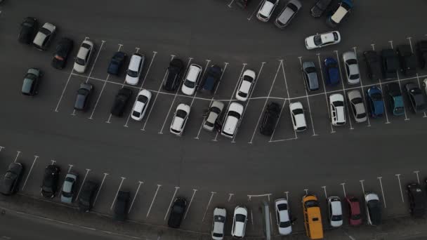 Flybilde av parkerte biler på parkeringsplassen. skyting fra luftfartøy – stockvideo