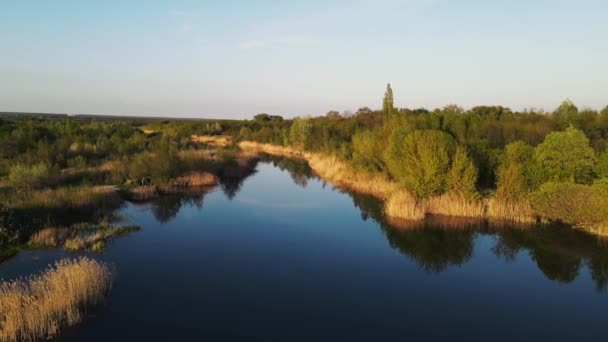 Drone beweging langs het meer in de avond bij zonsondergang. luchtfoto 's — Stockvideo