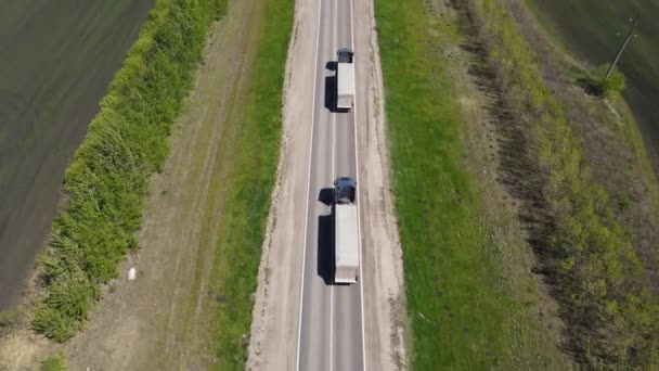 Camion merci si muovono lungo l'autostrada tra i campi. tiro aereo — Video Stock