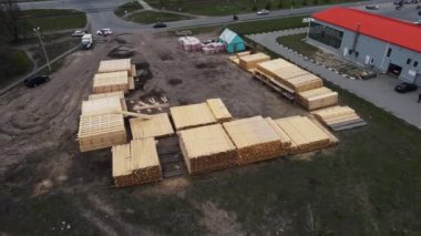 warehouse of finished boards and timber. aerial shooting