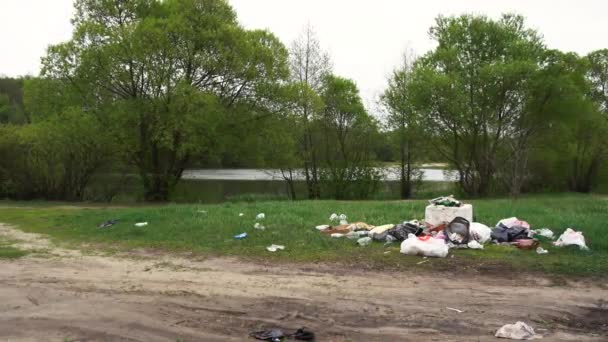 Una gran pila de basura en la hierba verde cerca de la orilla del río — Vídeos de Stock