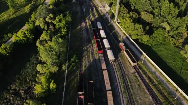 Bewegung der Drohne entlang der auf der Bahn stehenden Züge. Luftaufnahmen — Stockvideo