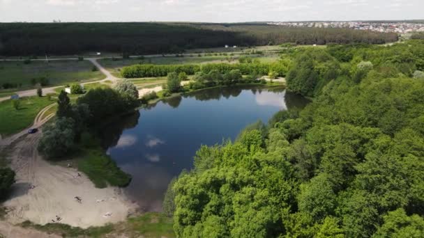 Schießen auf einen kleinen See in der Mitte des Feldes, aus einer Höhe. Luftaufnahmen — Stockvideo