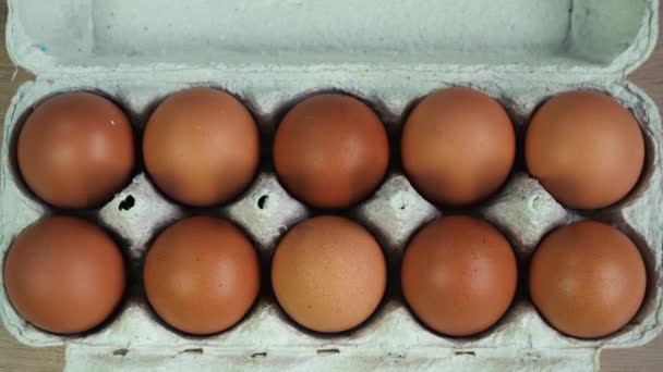 Vue du dessus d'une douzaine d'œufs de poulet dans un paquet — Video