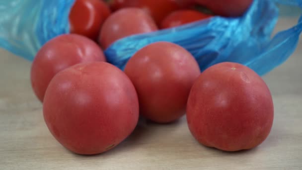 Tomates deitados em uma mesa de madeira — Vídeo de Stock