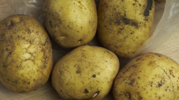 Hög med ung oskalad potatis som ligger på bordet — Stockvideo