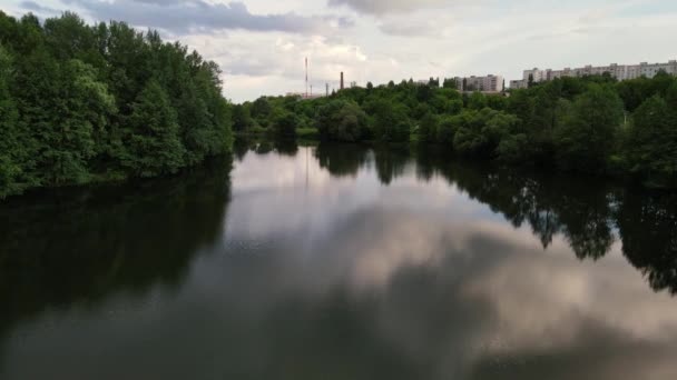Bewegung der Drohne entlang des Flussbetts auf beiden Seiten mit Bäumen bewachsen — Stockvideo