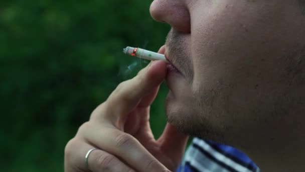 Férfi dohányzik, miközben ül a parkban — Stock videók