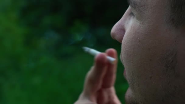 Man smokes a cigarette while sitting in the park — Stock Video