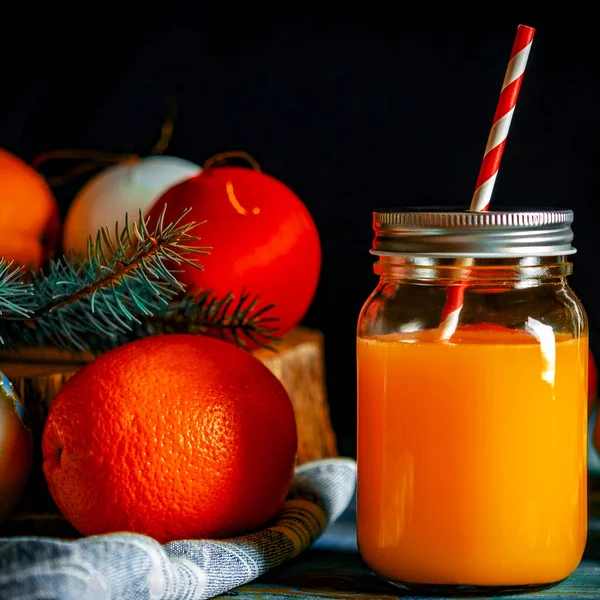 Fresh Orange Juice Glass Jar Straw Healthy Fruits Fresh Juices — Stock Photo, Image