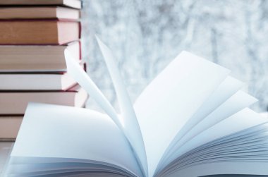 Eski renkli kitaplar tahta bir rafta durur kış ormanının arka planına karşı okuma gözlüklerinin yanında.